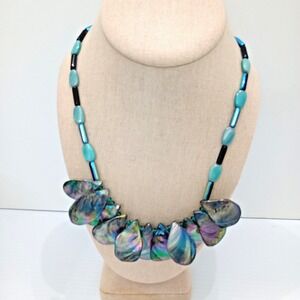 Abalone Shell Bib Necklace Iridescent Chunky Statement Blue 90s Y2K